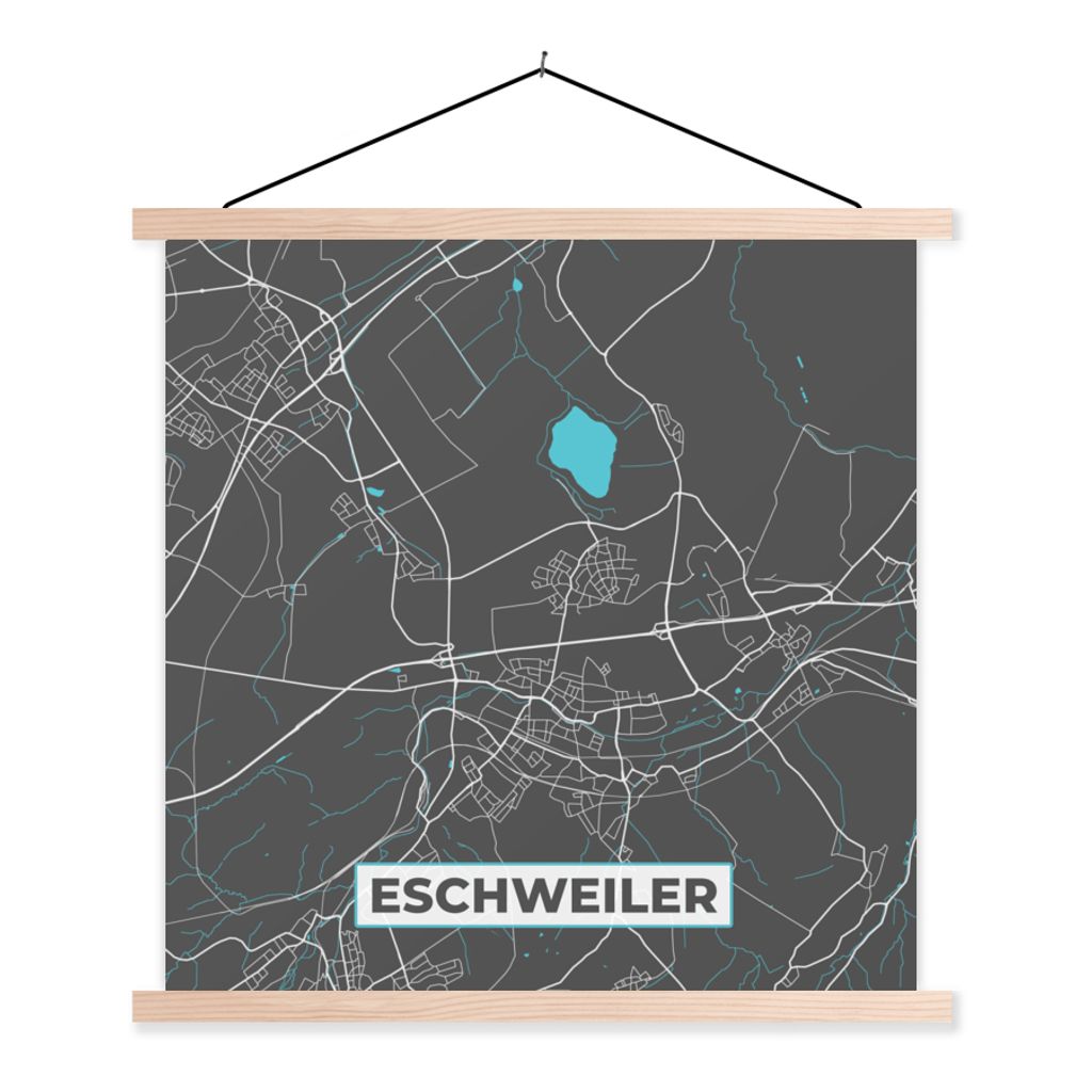 MuchoWow Textilposter Stadtplan - Eschweiler - Deutschland - Karte 120x120 cm mit holzfarbenen Rahmen - Textil-Poster