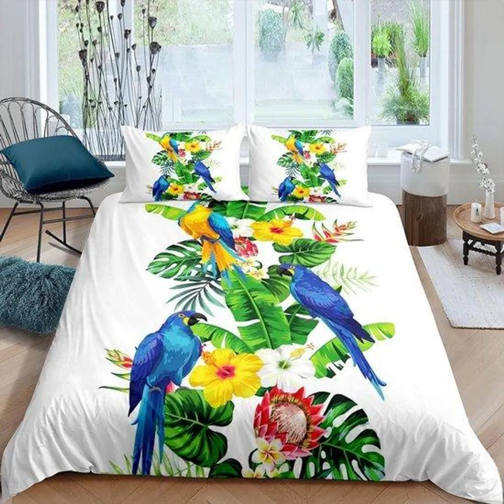Literie tropicale anti-glisse avec zip caché pour un lit bleu impeccable