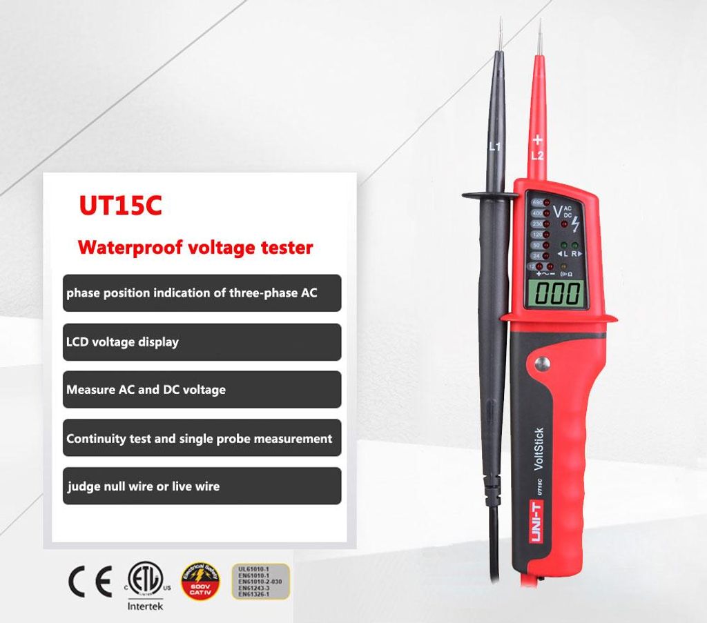 UNI-T UT15C Digitaler Spannungsprüfer 12V-690V AC/DC mit Phasenprüfer & IP65 Wasserschutz