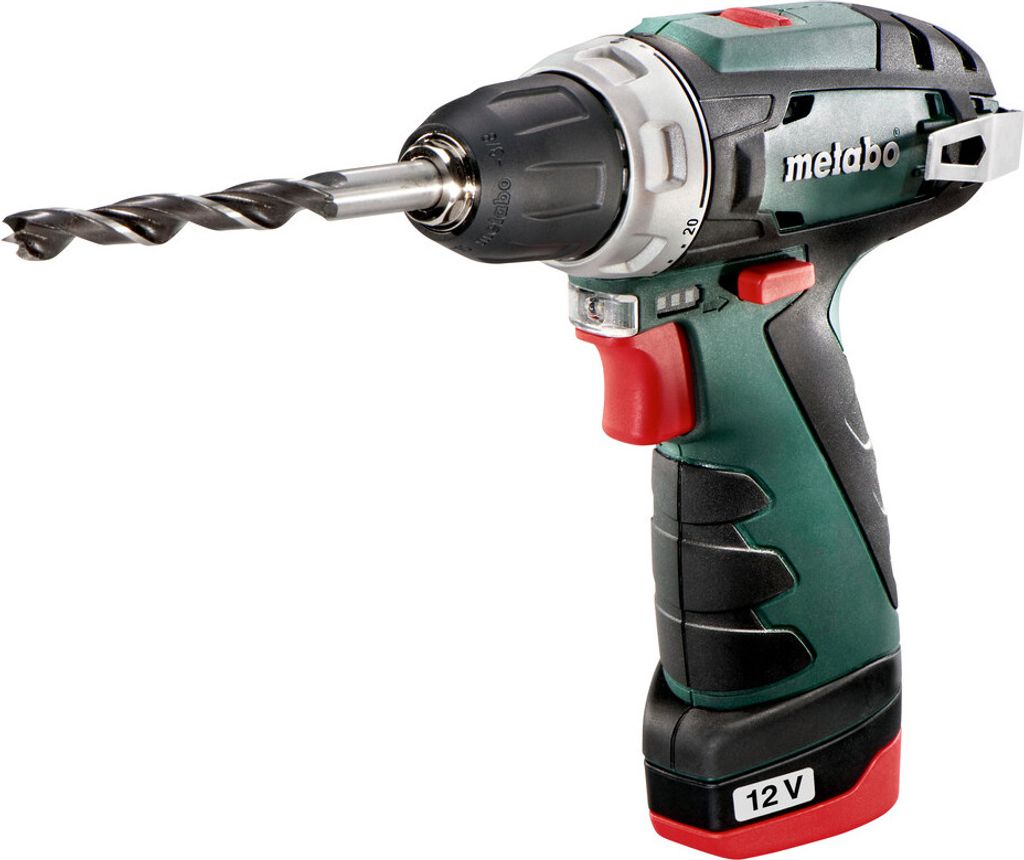 A cordless drill with a drill bit attached, shown against a white background.