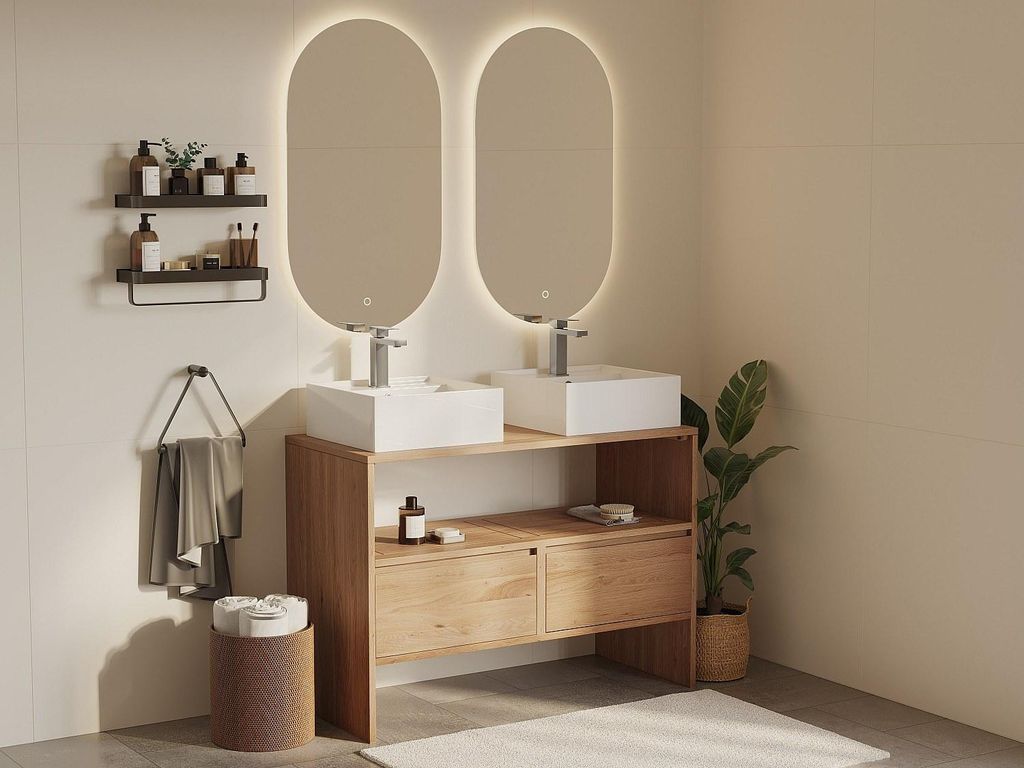 Unterschrank aus Massivholz Eiche mit quadratischem Aufsatzbecken - Hell Natur - 110 cm - CAVIZO