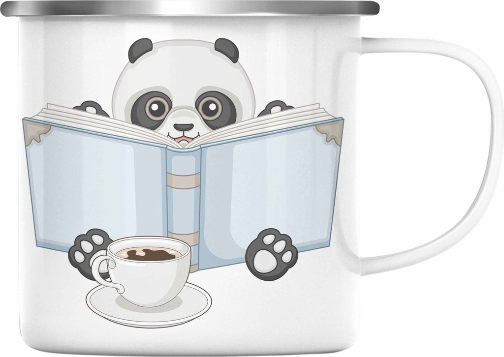 Trendation - Leseratte Emaille Tasse Geschenk Lesender Panda Grafik Lesen Geschenkidee Kinder Bücherwurm (Silber)