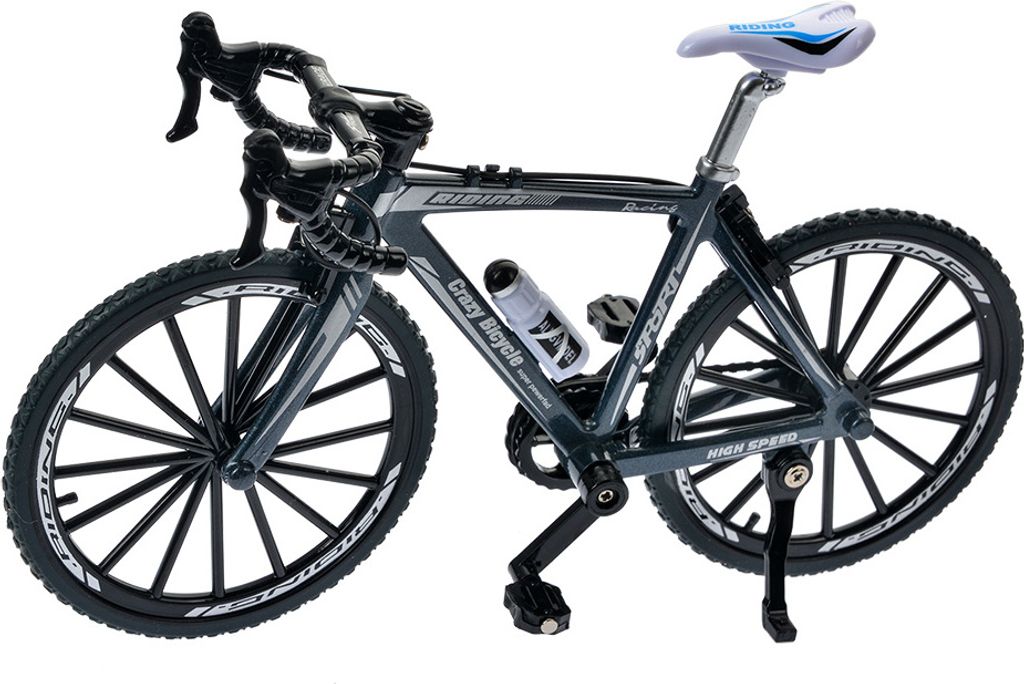 A miniature model of a bicycle is displayed against a white background.