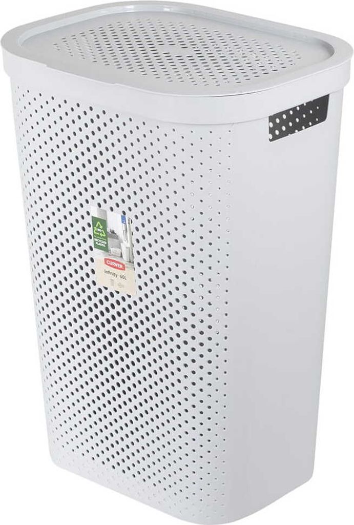 A white laundry basket with a perforated pattern and a lid.