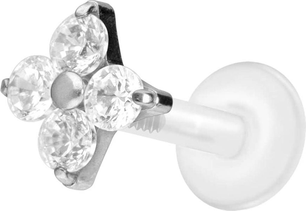 Ohrpiercing, Nasenpiercing PTFE Labret mit Innengewinde + Titan-Aufsatz KRISTALLBLUME Silber Stablänge: 8mm | Stabstärke: 1,2mm