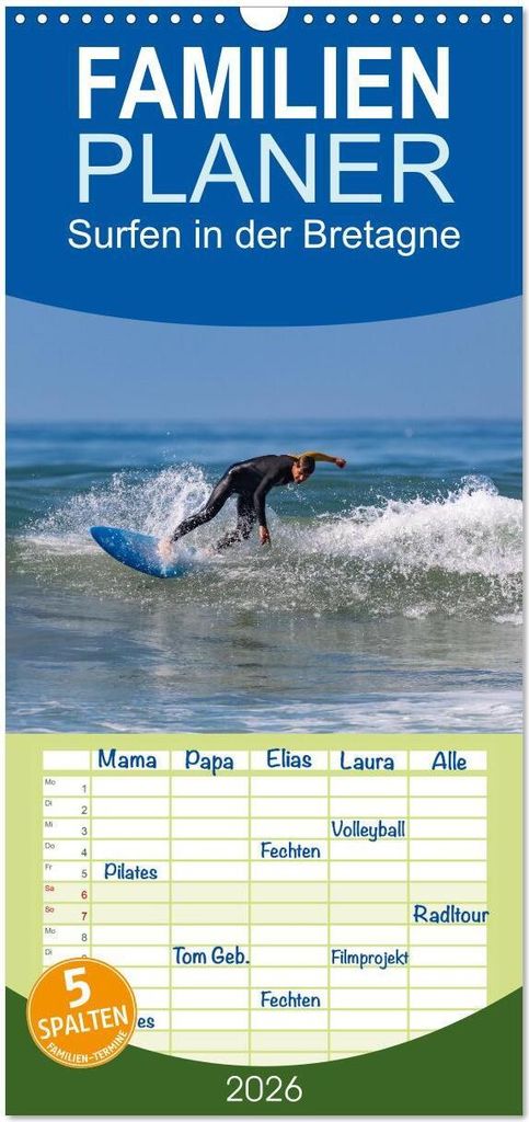Familienplaner 2026 - Surfen in der Bretagne mit 5 Spalten (Wandkalender, 21 x 45 cm) CALVENDO
