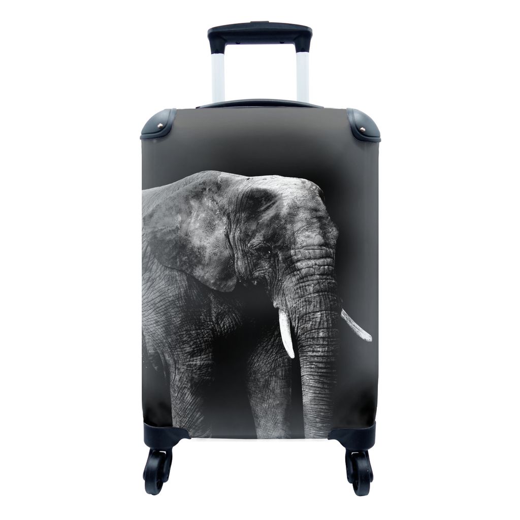 MuchoWow Koffer Handgepäck Trolley Rollkoffer Kleine Reisekoffer mit 4 Rollen - Elefant vor schwarzem Hintergrund - schwarz und weiß - Cabin Si...