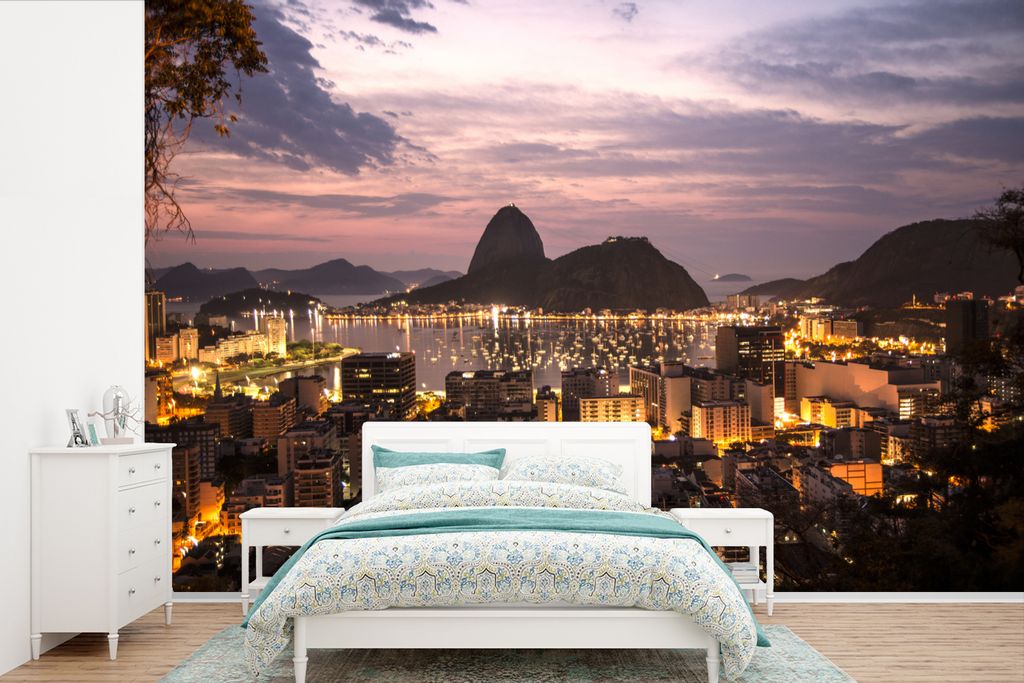 MuchoWow Fototapete für Wohnzimmer oder Schlafzimmer Wandtapete Vinyl Motivtapete Brasilien - Abend - Rio de Janeiro - 360x240 cm - Vinyl-Tapete