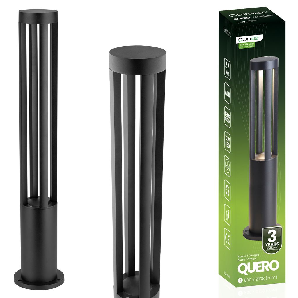 A product image collage showing a black outdoor bollard light, a close-up of the light, and the product's packaging.