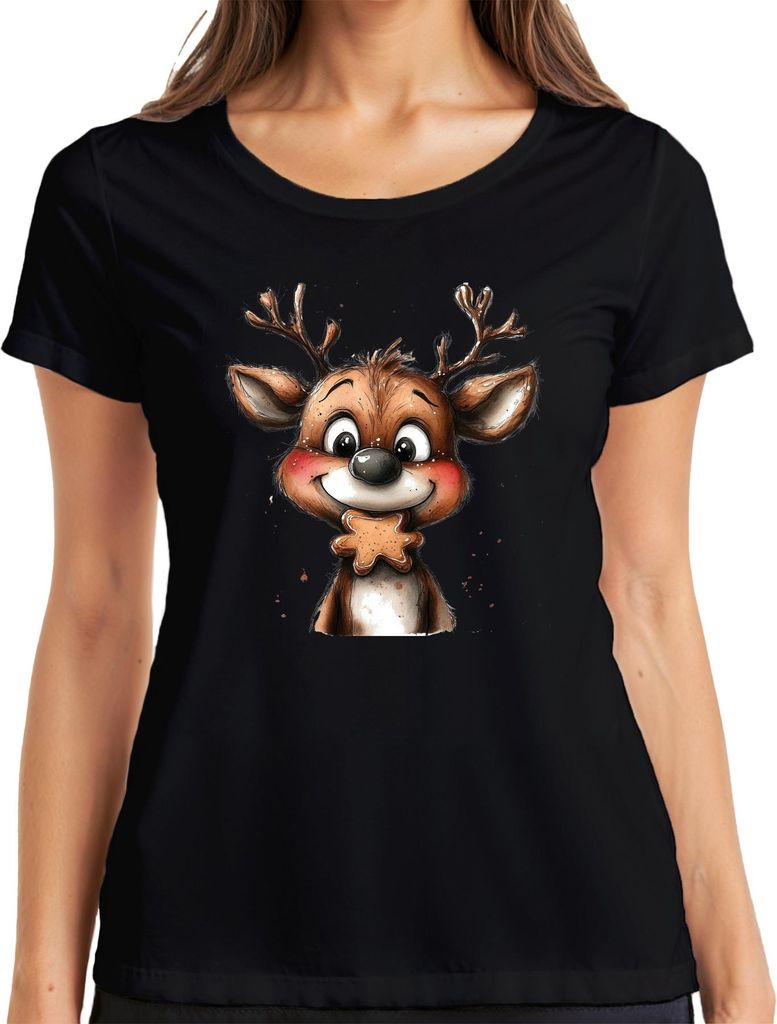 Rentier Lebkuchen Weihnachten Geschenk Kinder Niedlich Retro Damen T-Shirt, Schwarz, 3XL