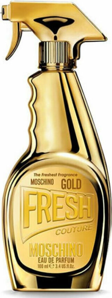 A gold-colored perfume bottle shaped like a spray bottle.