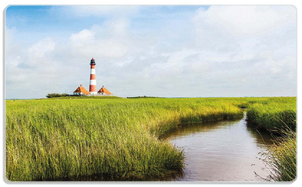 Wallario Frühstücksbrettchen aus Glas, je 14 x 23 cm, mit rutschfesten Füßen, Motiv Kleiner Bach durch Schilf auf dem Weg zum Leuchtturm