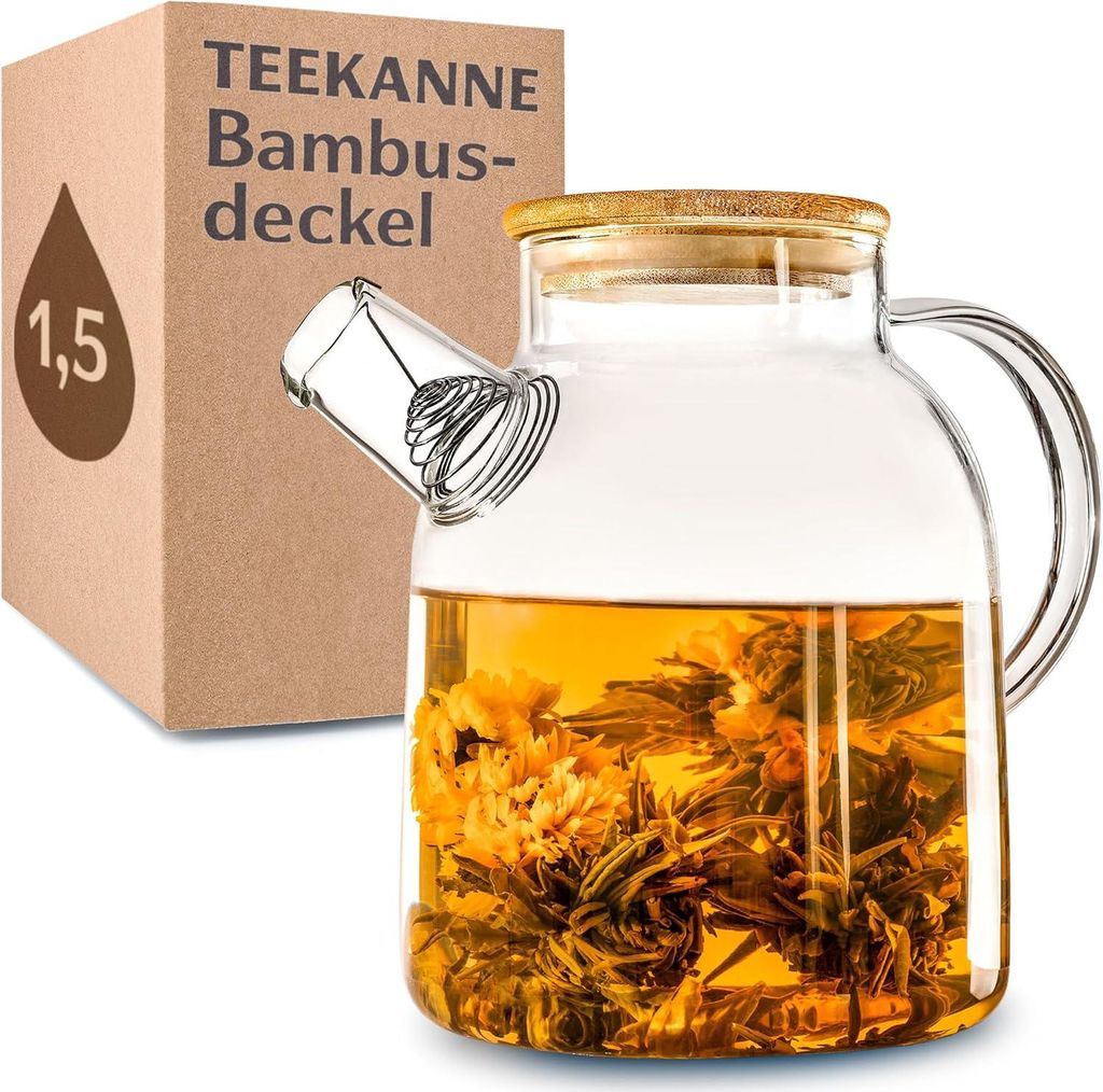 Teekanne Glas 1,5 Liter mit Holz Deckel und Filter - Fš¹r hei?e und kalte Getr?nke - Spš¹lmaschinenfest - K?lte- und Hitzebest?ndig - Ideal Som...