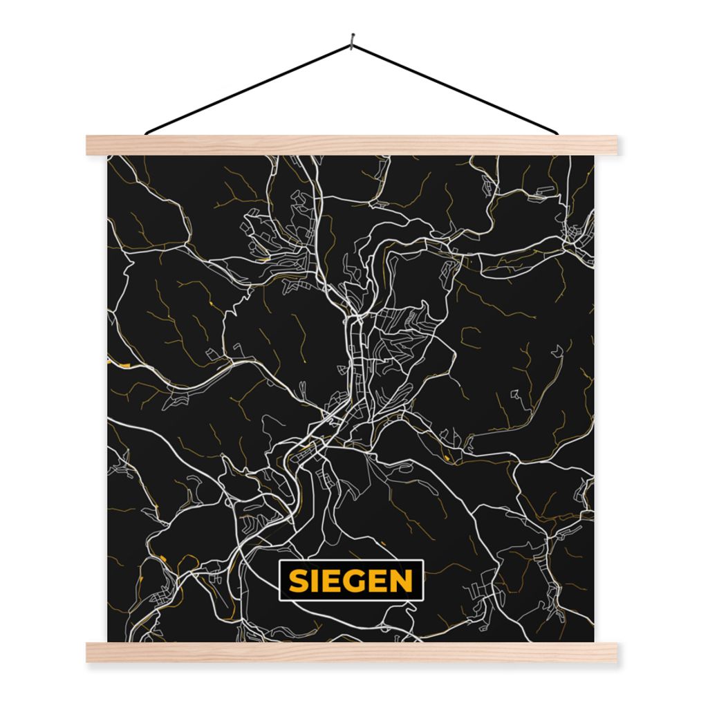 MuchoWow Textilposter Siegen - Stadtplan - Karte - Gold - Deutschland 60x60 cm mit holzfarbenen Rahmen - Wanddekoration