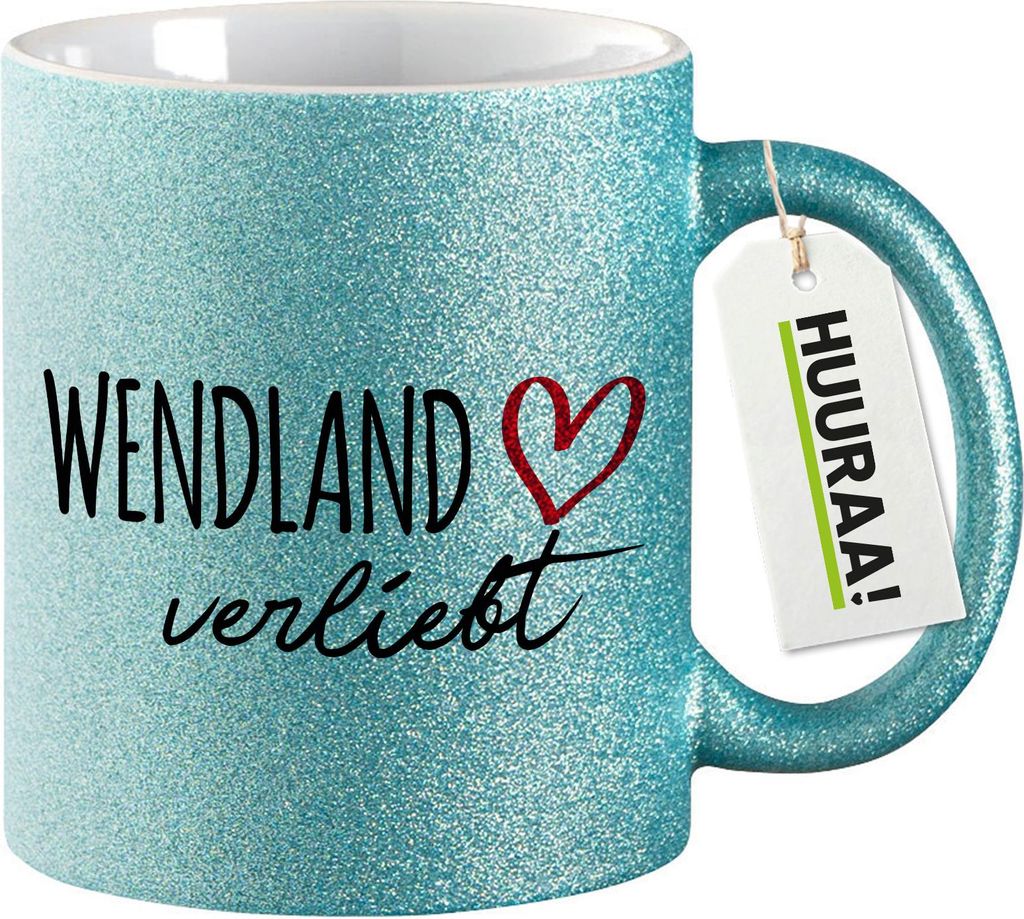 Huuraa Glitzertasse Wendland verliebt 330ml Blau Keramik Kaffeebecher Geschenkidee