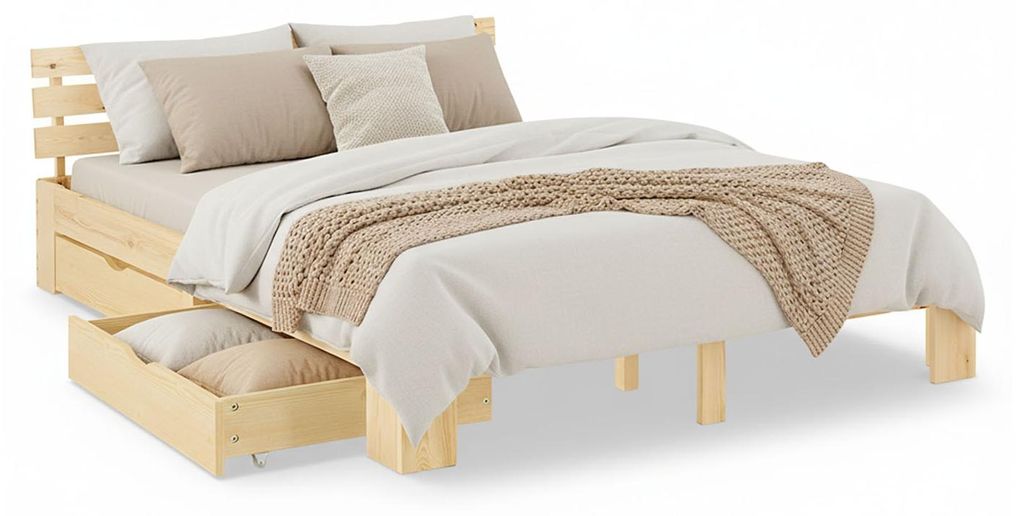 Lit double en bois 160x200 avec 2 tiroirs naturelle pin Image du produit 