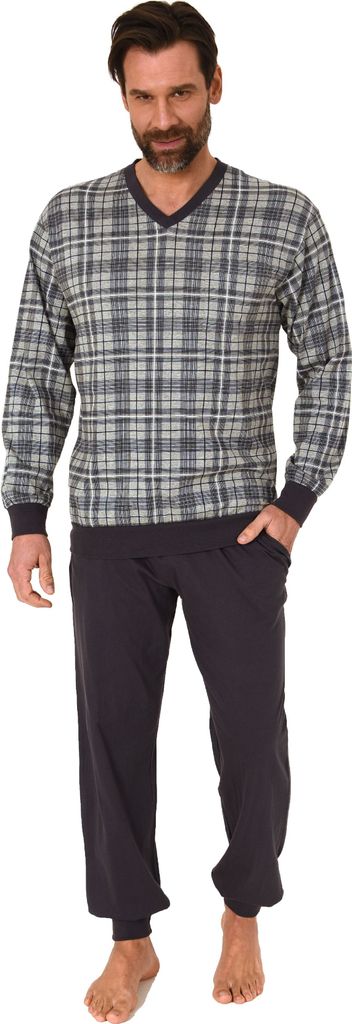 Normann Herren Langarm Schlafanzug mit Bündchen aus Jersey und karierten Pyjama Oberteil ; grau-mel. , 52