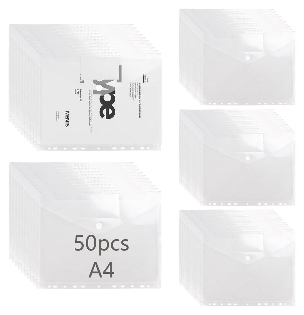 50 A4-Dokumentenmappen, transparente Mappen mit 2 Klettverschlüssen und 11 Perforationen für Schule, Büro und andere Zwecke.