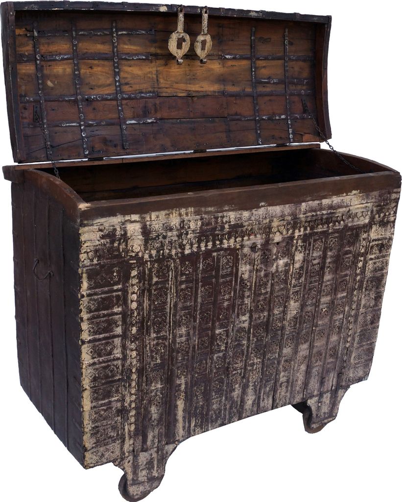 Große Indische Hochzeitstruhe, Rädertruhe - Modell 12, Antik-weiß, Holz, 112*133*65 cm, Truhen, Kisten, Koffer