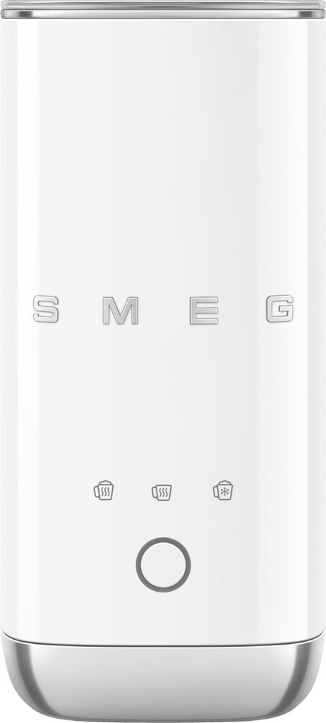 A white Smeg milk frother is shown against a white background.