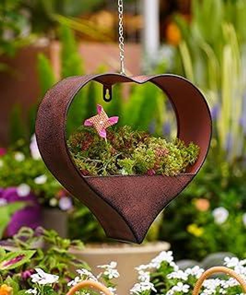 Metall Herzform Blumentopf Hängend Gartendeko für Draußen - Rost Pflanzkübel Deko für Garten Balkon Draussen Pflanzentopf Deko Wohnzimmer Hän...