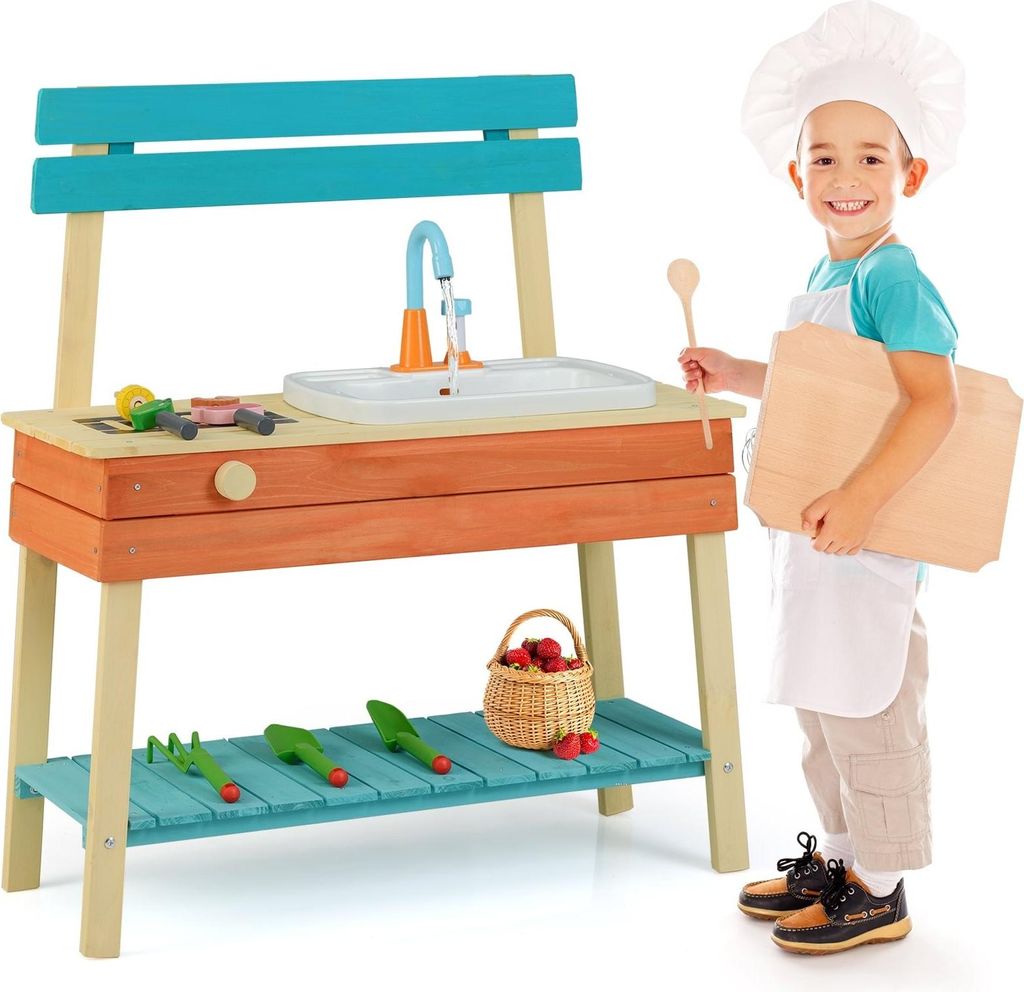 Spielküche aus Holz für Kinder mit Grill und Wasserspiel