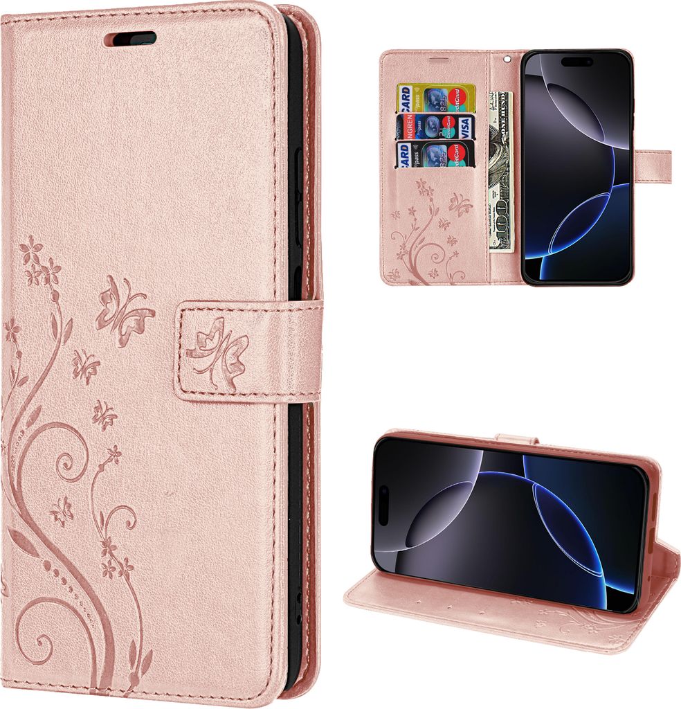 iPhone 16 Pro Handyhülle – Klapphülle Schutzhülle Tasche mit Magnetverschluss & Kartenfächern - Roségold