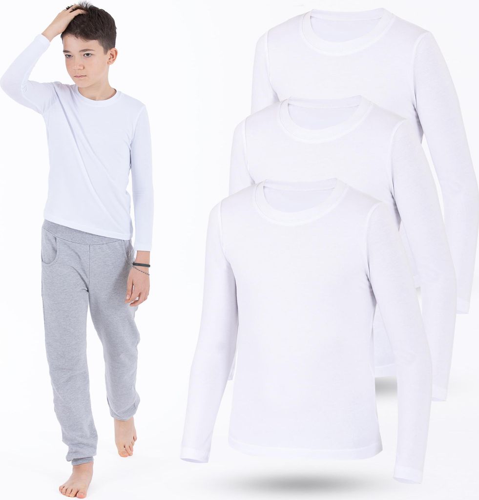 3er Pack Weiss Jungen Mädchen Langarmshirts Unterhemden Body Shirt Weiss 164-170