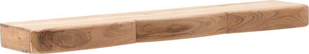 Wandregal Akazie 120 cm mit drei Schubladen in Gesamtansicht von vorne, Massivholz in honigfarbener Tönung.