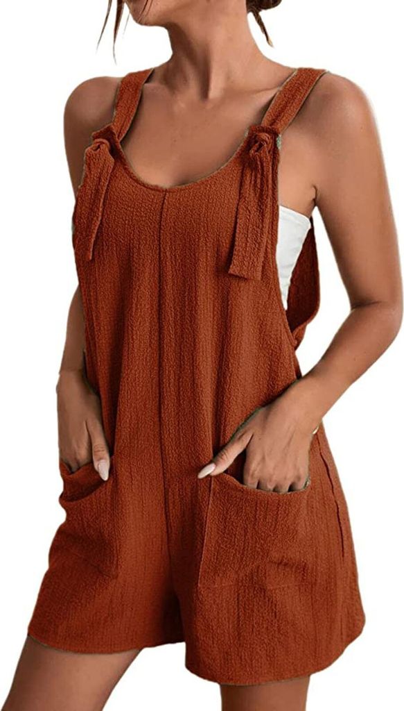 ASKSA Damen Jumpsuit Sommer Ärmellos Kurz Latzhose Playsuit Baggy mit Taschen Sommershort, Braun, 3XL