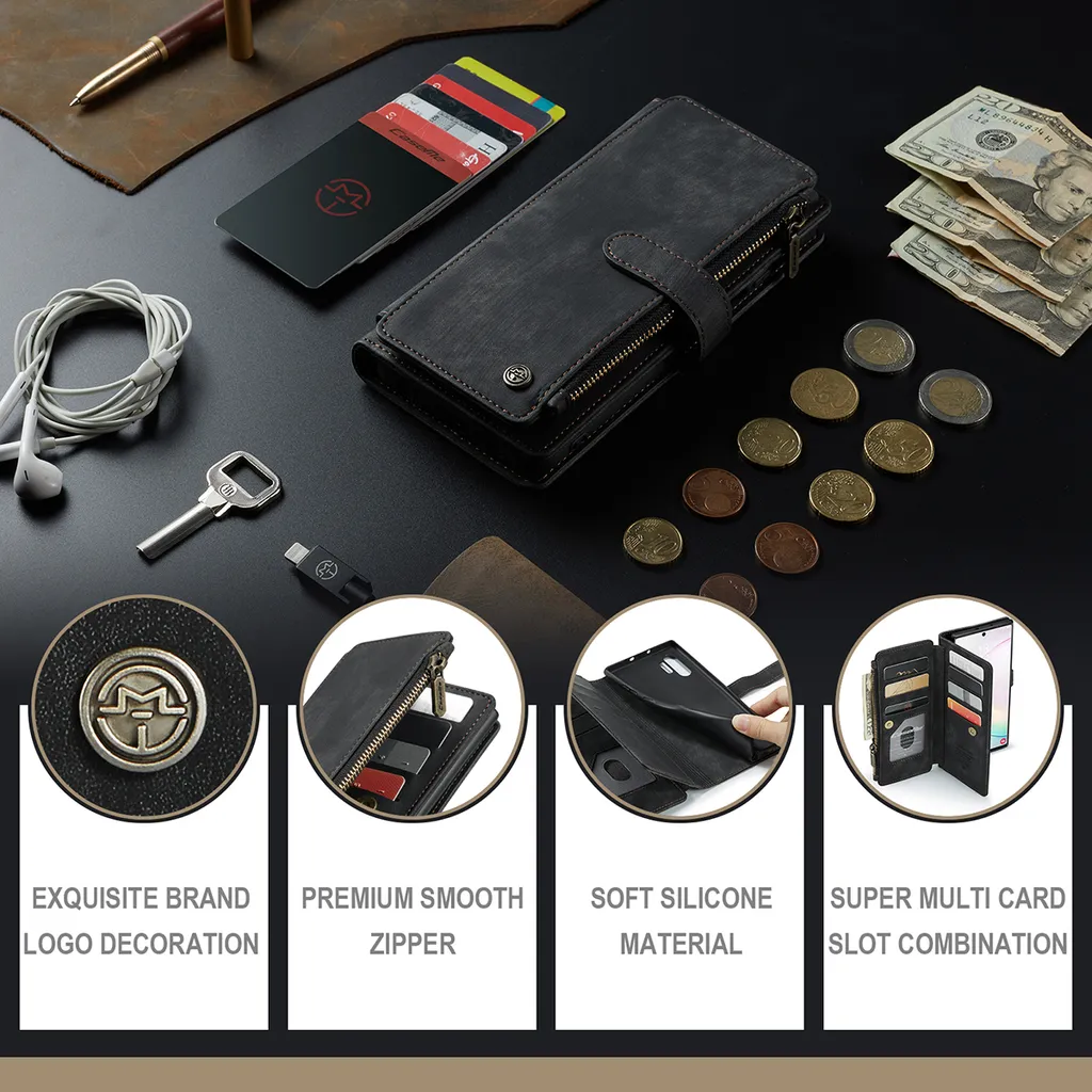 Custodia Samsung Note 10 Plus Wallet in Finto Cuoio Nero con Cerniera - 4