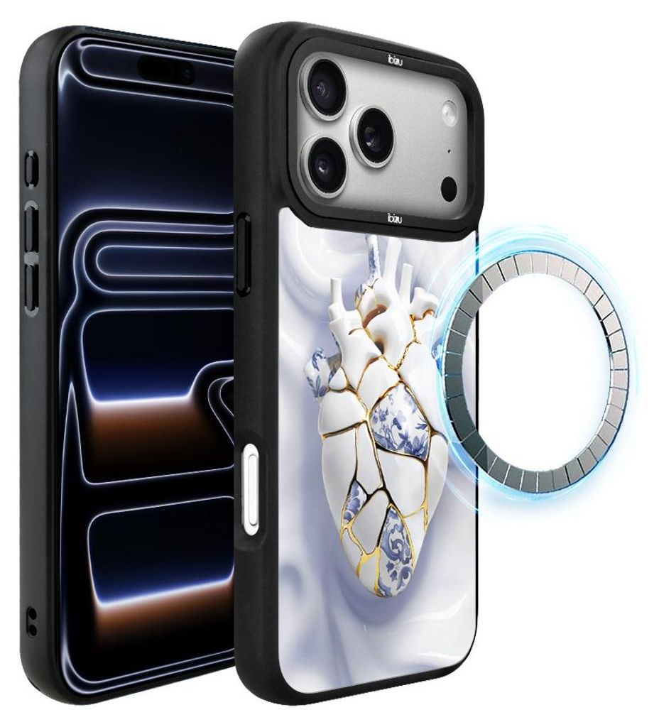 Schutzhülle für das iPhone 17 Pro Max, MagSafe-kompatibel, mattschwarze Seiten, ein menschliches Herz, weißes Porzellan