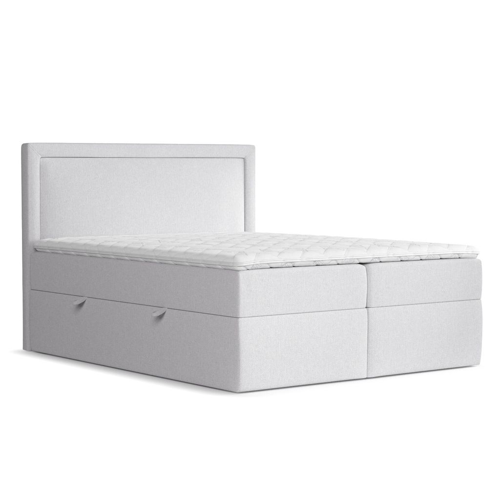 Boxspringbett Livia Interiors Maya, Bett 200x200 cm, mit Stauraum, Doppelbett, H2 Bonell - Matratze und Topper, Webstoff Megan, Helllgrau Farbe