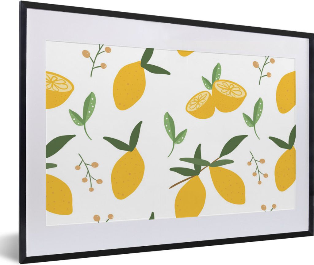 MuchoWow MuchoWow Gerahmtes Poster Zitronen - Muster - Weiß - Abstrakt 60x40 cm - Poster mit zchwarzem Bilderrahmen - Schlafzimmer - Plakat in...