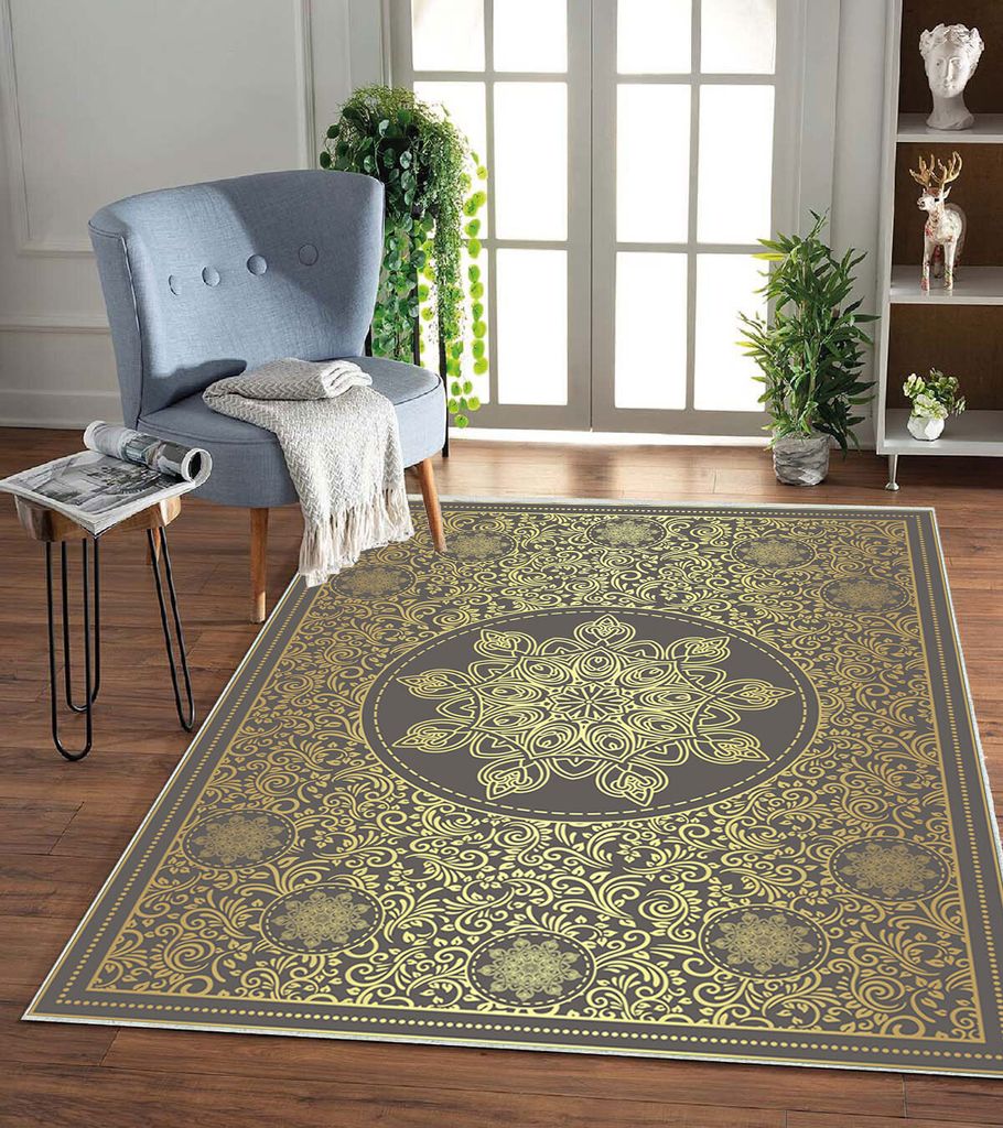 Jungengel Teppich Mandala Dantel Design Flach Grau / Gold 11x Größen Waschmaschinengeeignet 30°C | 80x200 cm