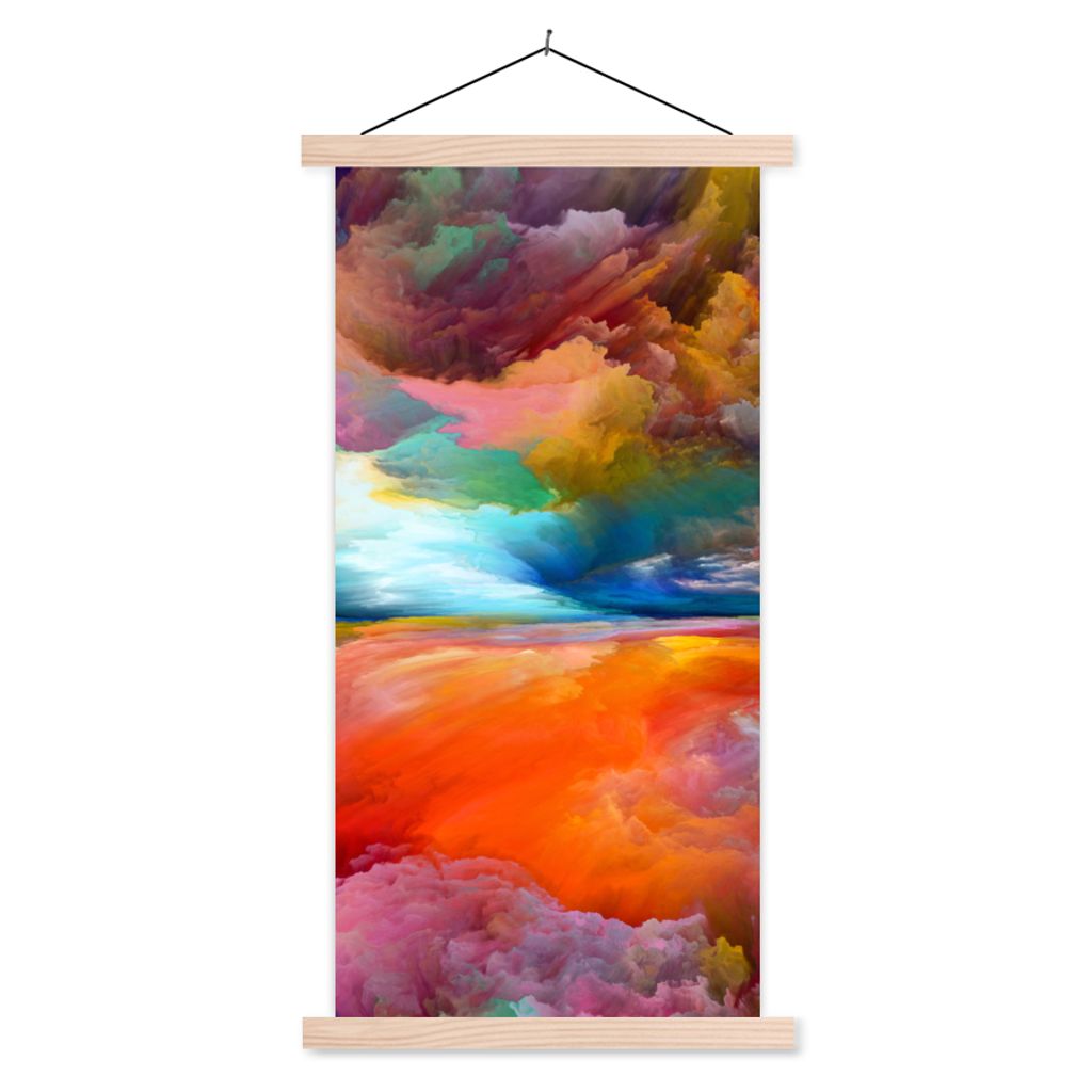 MuchoWow Textilposter Gemälde - Ölgemälde - Abstrakt - Wolken 60x120 cm mit holzfarbenen Rahmen - Holz