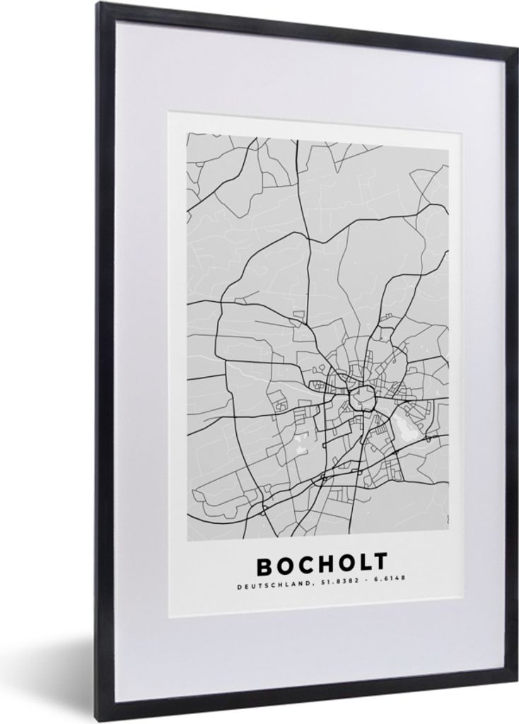 MuchoWow Gerahmtes Poster Stadtplan - Karte - Bocholt - Deutschland 40x60 cm - Poster mit Schwarzem Bilderrahmen Wandposter Rahmen Foto Bilder - ...
