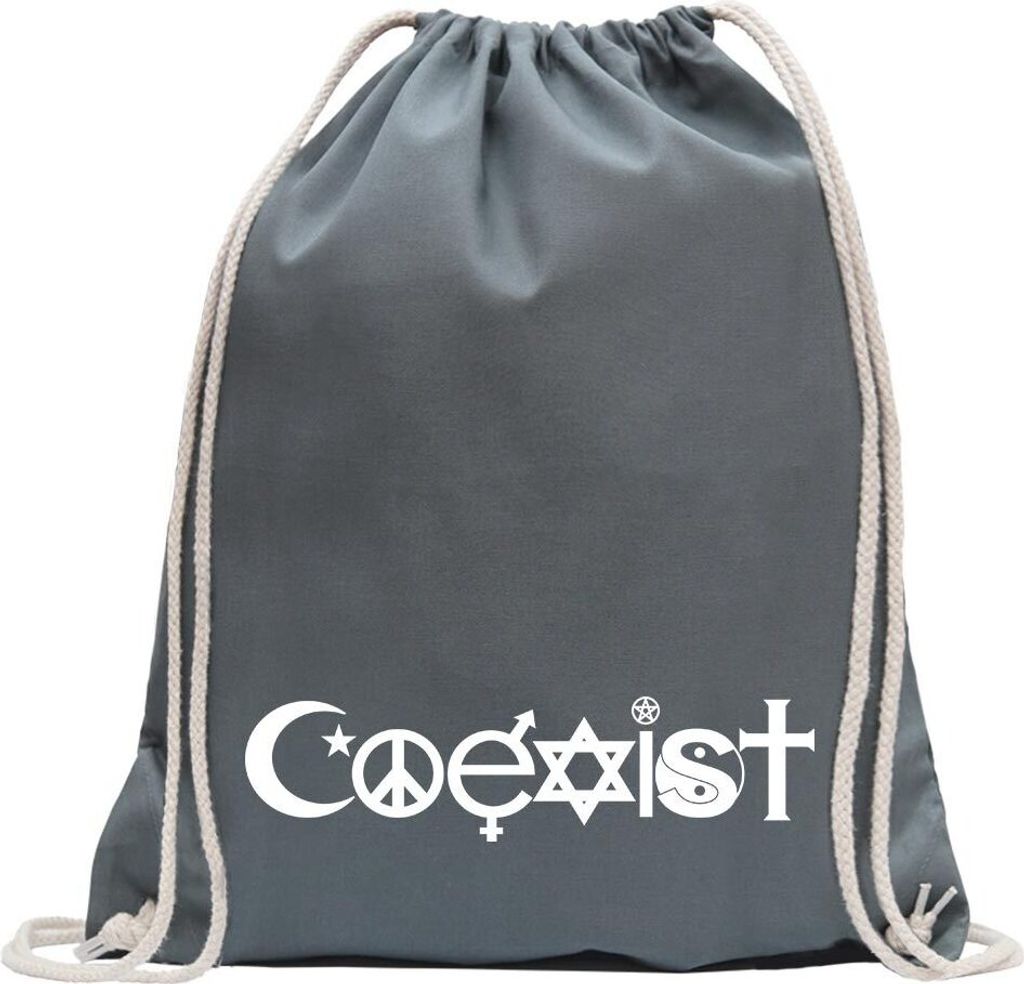 Kiwistar - Turnbeutel - stahlgrau - Coexist Symbole - Fun Rucksack Sport Beutel Gymsack Baumwolle mit Ziehgurt