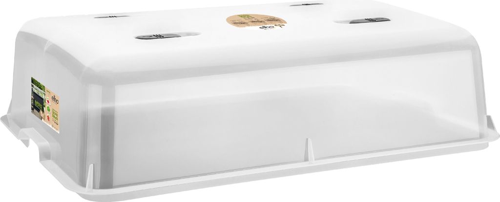 A transparent lid on a white base, likely for a planter or seedling tray.