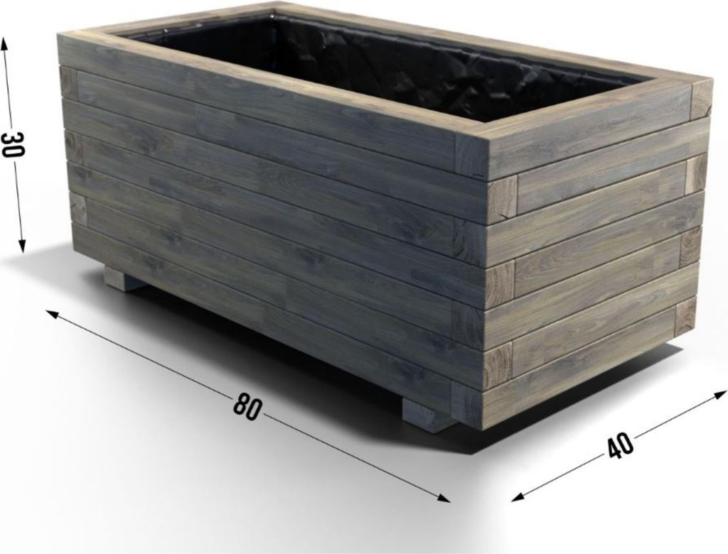 A rectangular wooden planter box on a white and gray background with dimensions indicated by lines and numbers.