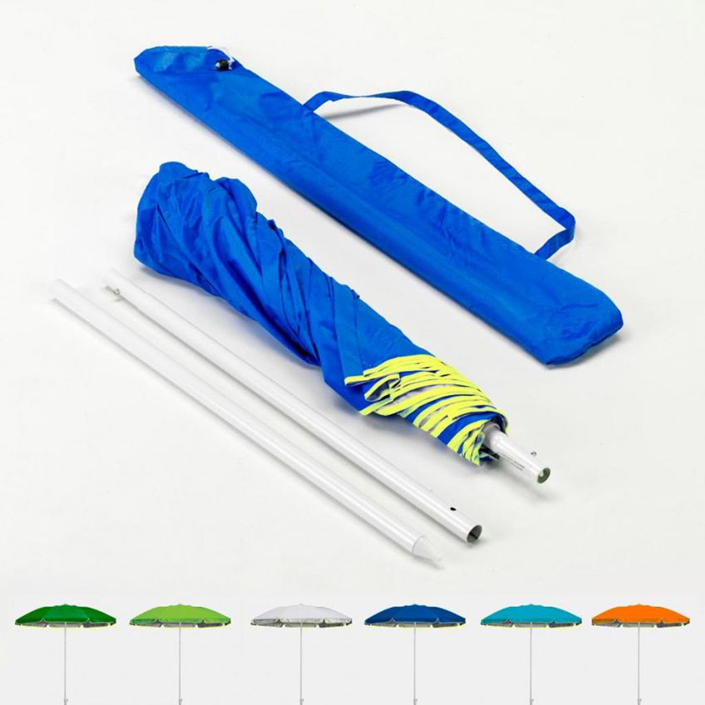 A disassembled blue umbrella with poles and a carrying case, shown with several examples of the umbrella in different colors at the bottom.