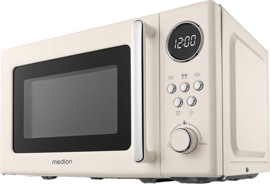 MEDION Micro-Ondes Rétro 20L 800W Beige - 5 Niveaux, 8 Programmes Auto, Décongélation, Design Vintage Élégant