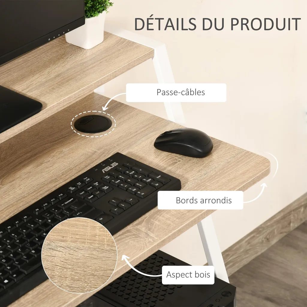 HOMCOM Bureau Informatique 84L x 45l cm Table Ordinateur Bois Chêne Blanc