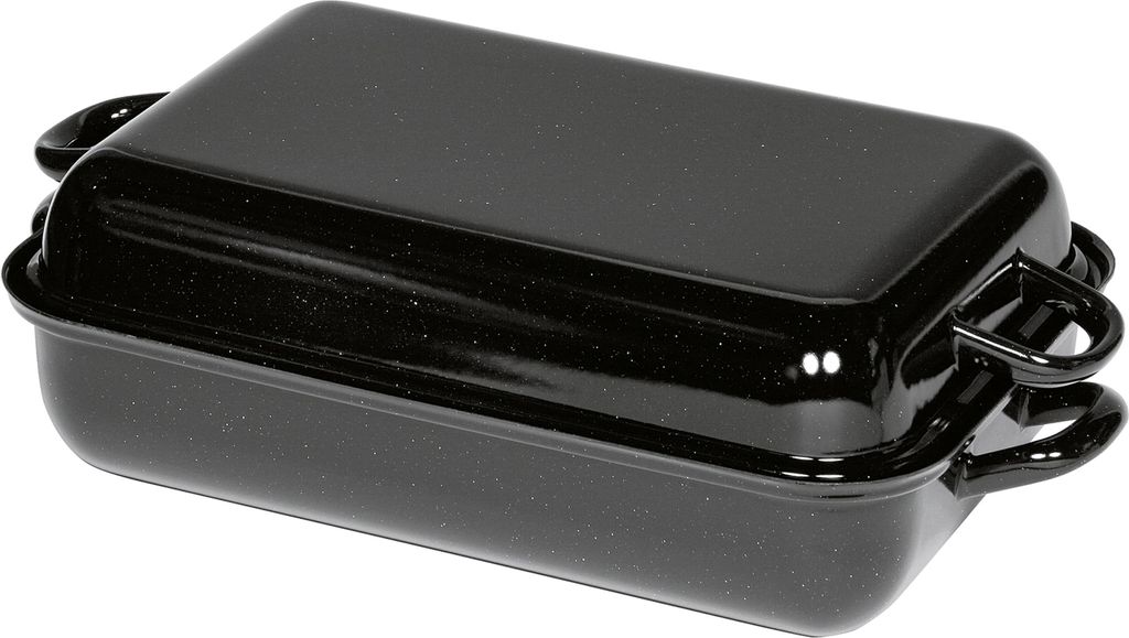 A black roasting pan with a lid, shown from a diagonal angle.