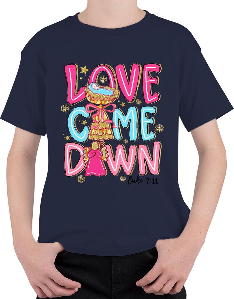 Love Come Down Jesus Krippe Engel Weihnachten Glitzer Pastell Uni Kinder T-Shirt, Navy, 128