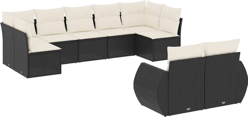 vidaXL 9-tlg. Garten-Sofagarnitur mit Kissen Schwarz Poly Rattan