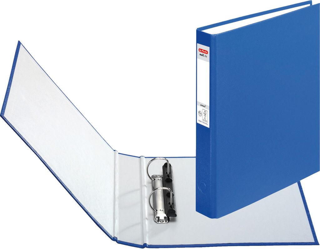 A blue ring binder is shown open on a white background.