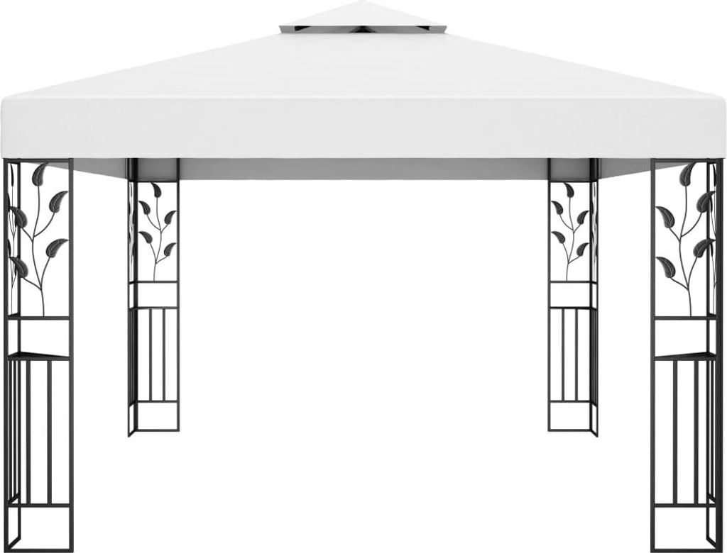 A white gazebo with black decorative metal legs, shown from the front against a white background.