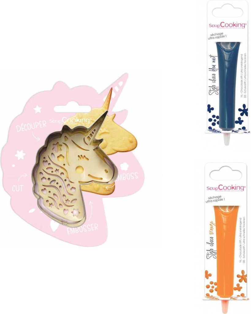 Einhorn-Relief-Plätzchen-Set + 2 Schokoladenstifte in Mitternachtsblau und Orange