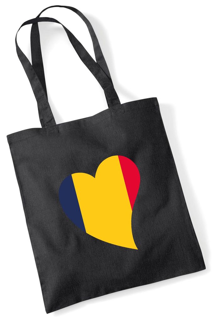 Huuraa Jutebeutel Tschad Flagge Herz 10 Liter Black Baumwolle Tasche Geschenkidee